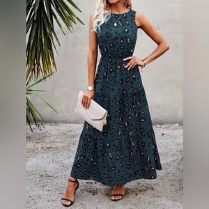 SHEIN VCAY Leopard Sleeveless Ruffle Hem A-Line Dress